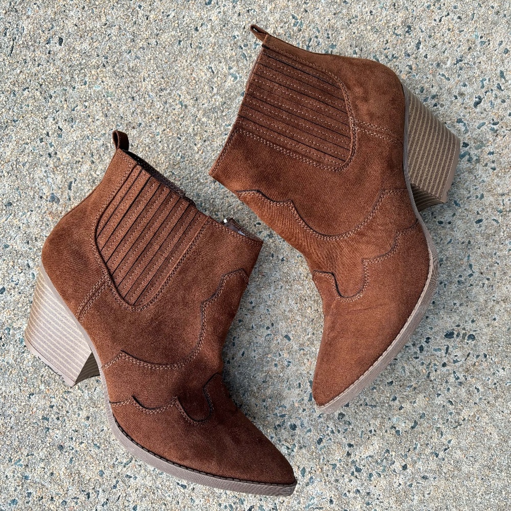 Kaari Blue Faux Suede Pointed Toe Ankle Booties With Heel TAN 8.5